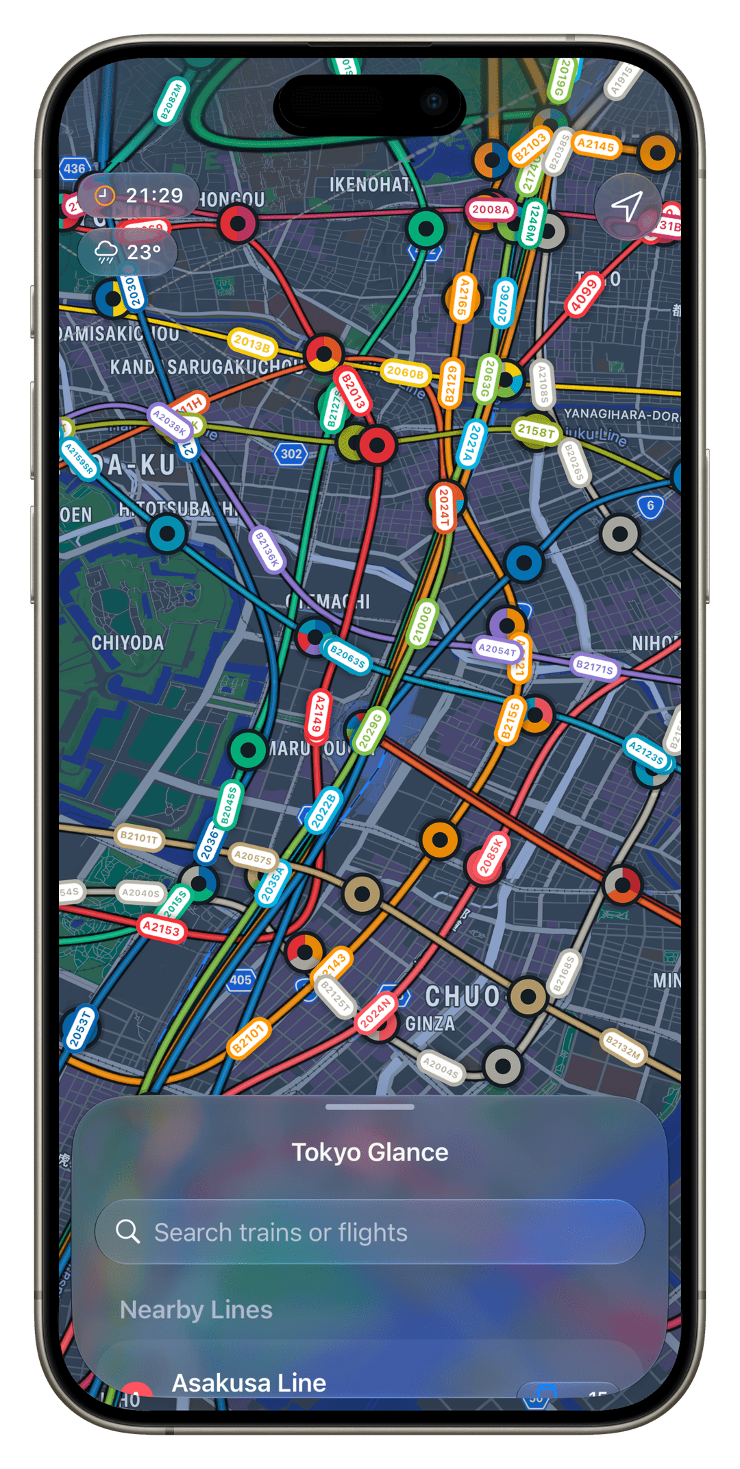 Tokyo Glance dark mode showing live weather and city context layer.