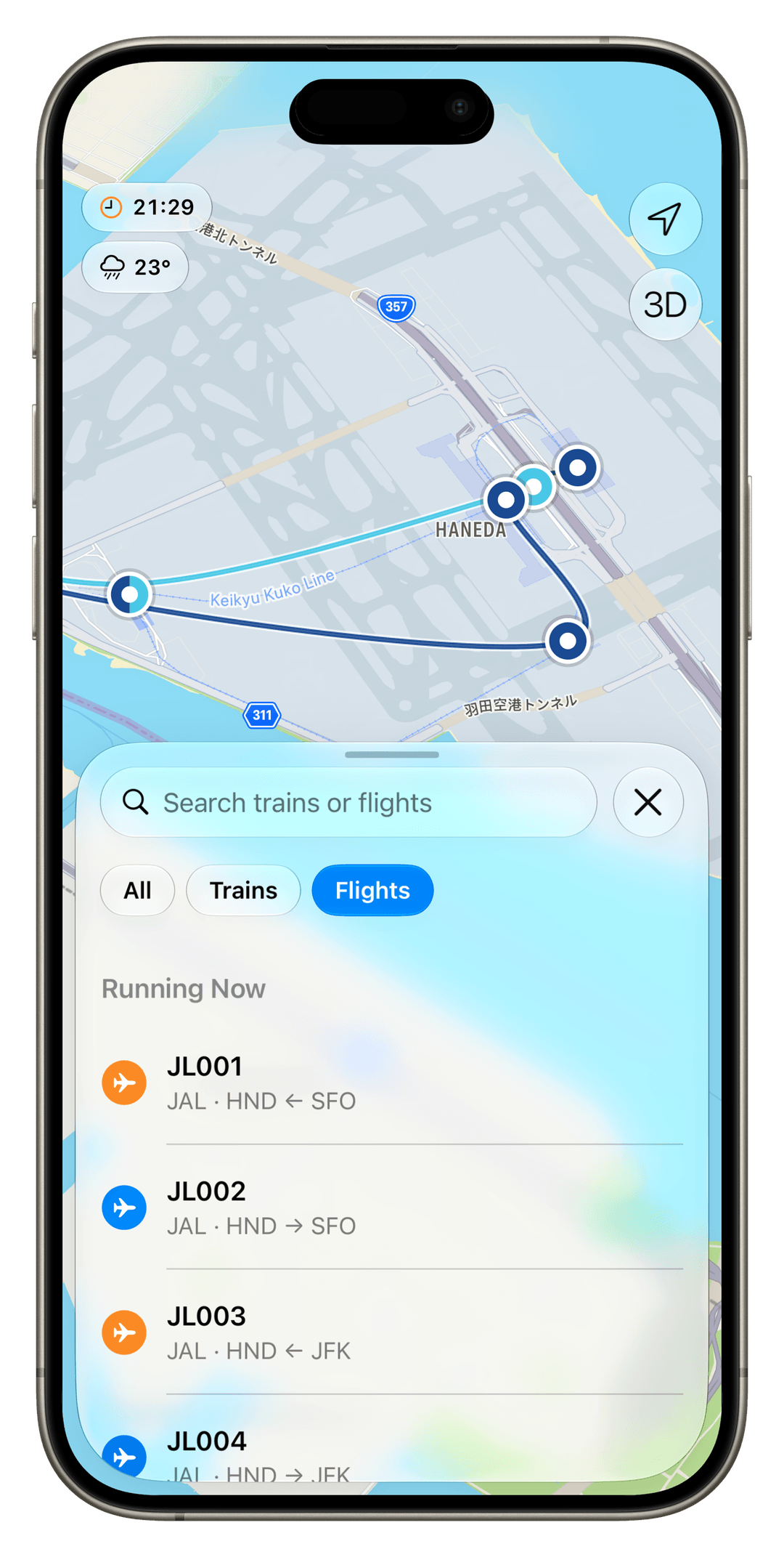 Tokyo Glance aircraft view showing live flights over the Tokyo transit map.