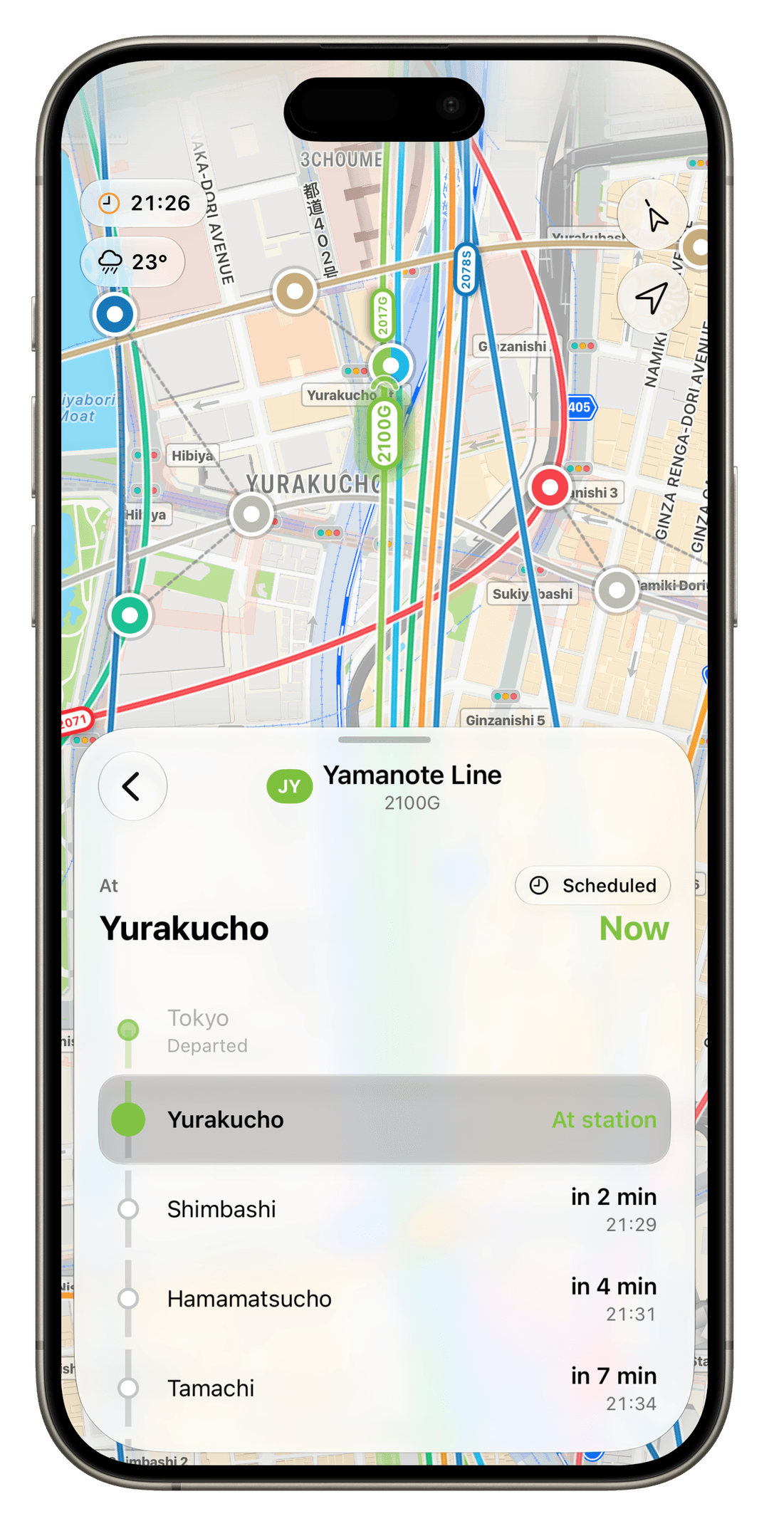 Tokyo Glance follow view tracking a subway service with upcoming stops.