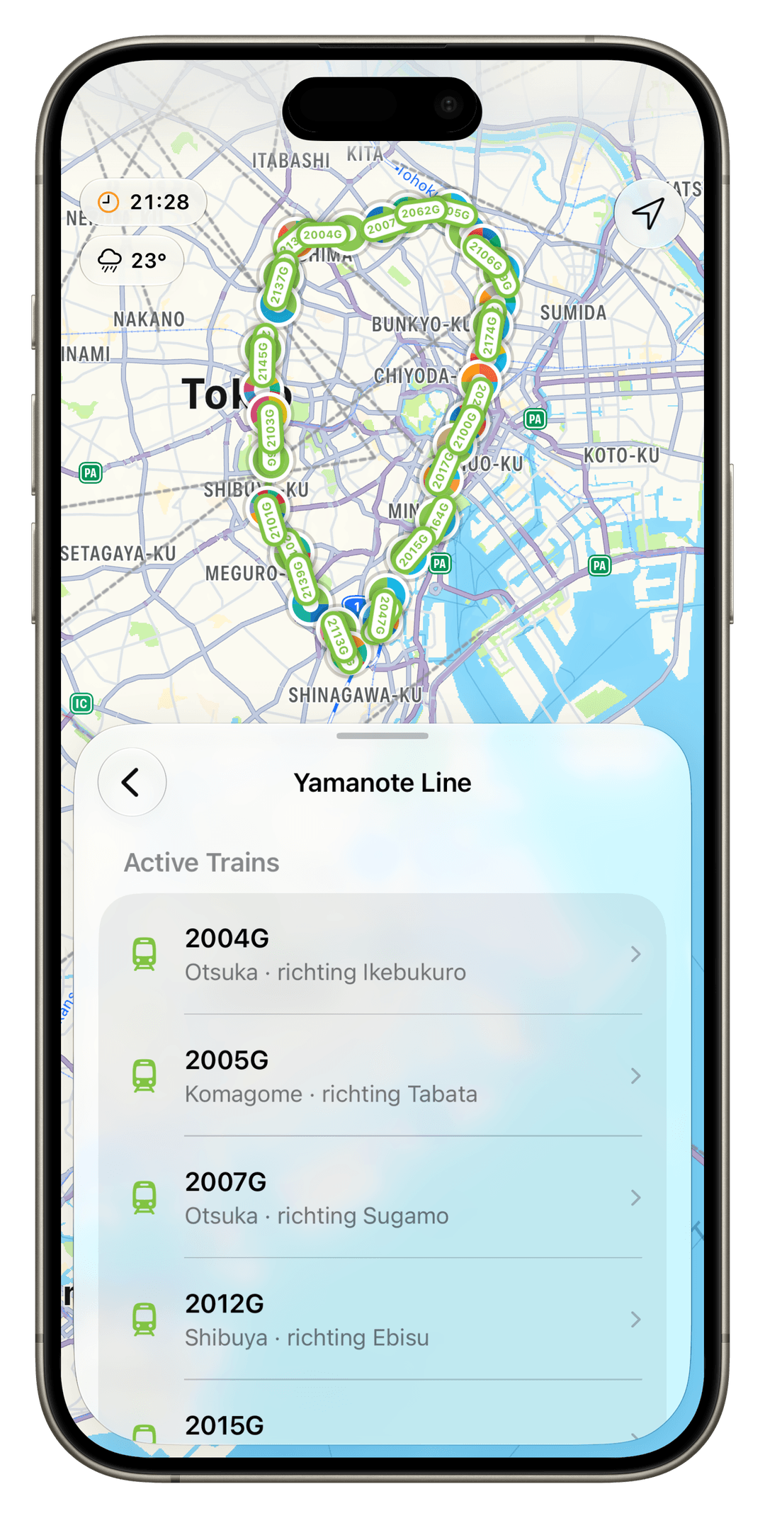 Tokyo Glance transit map showing Yamanote Line trains and nearby subway lines.